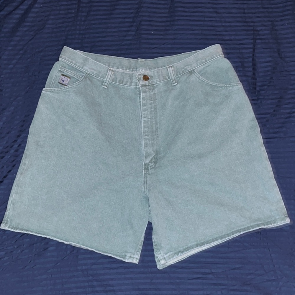 Vintage faded aqua high waisted Wrangler denim shorts